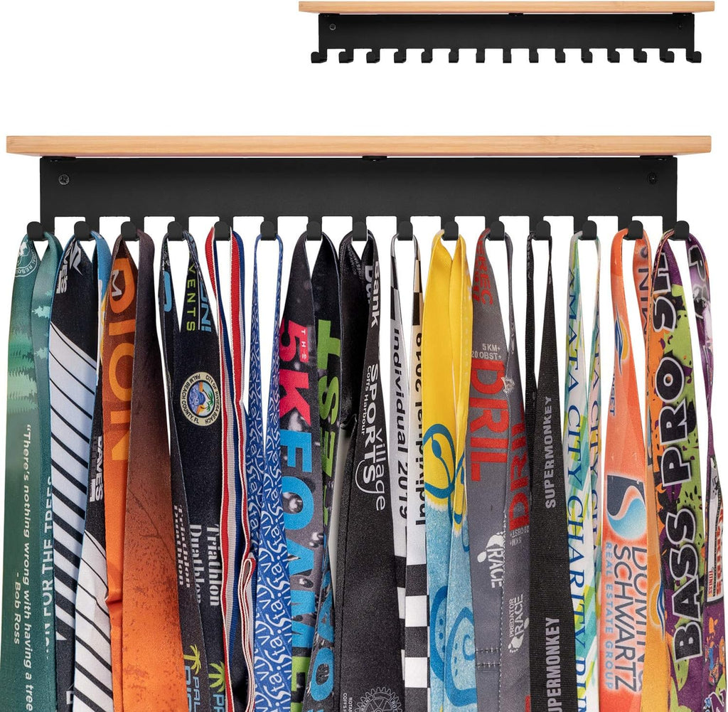 Premium Trophy and Medal Display Shelf 16inchL,Metal Trophy Shelf with Hooks Upgraded,Large Bamboo Trophy Board