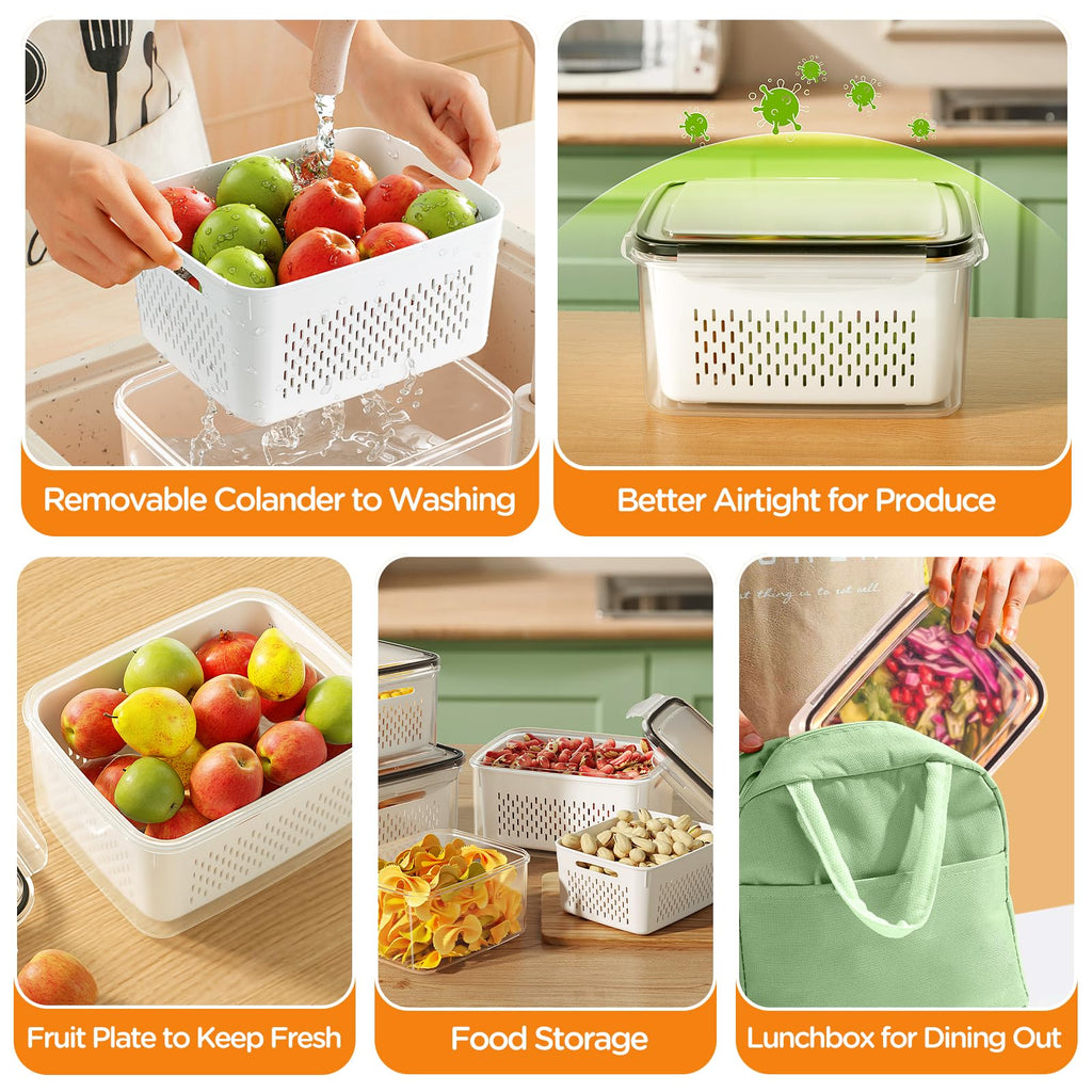 5-Pack Fruit Storage Containers for Fridge with Removable Colanders, 4 in 1 Produce Storage Containers with Lids