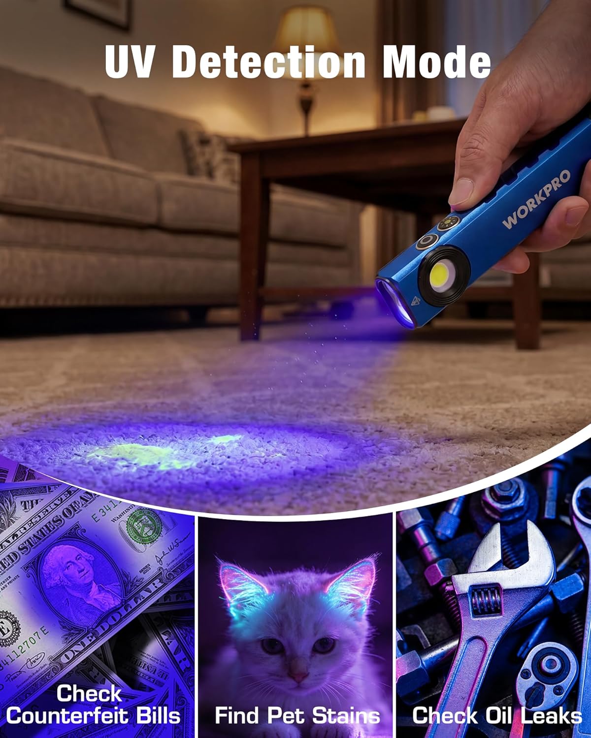 Rechargeable Work Light, 600 Lumens Flat Pocket Flashlight with UV Light, Magnetic Base & Clip, Slim LED EDC