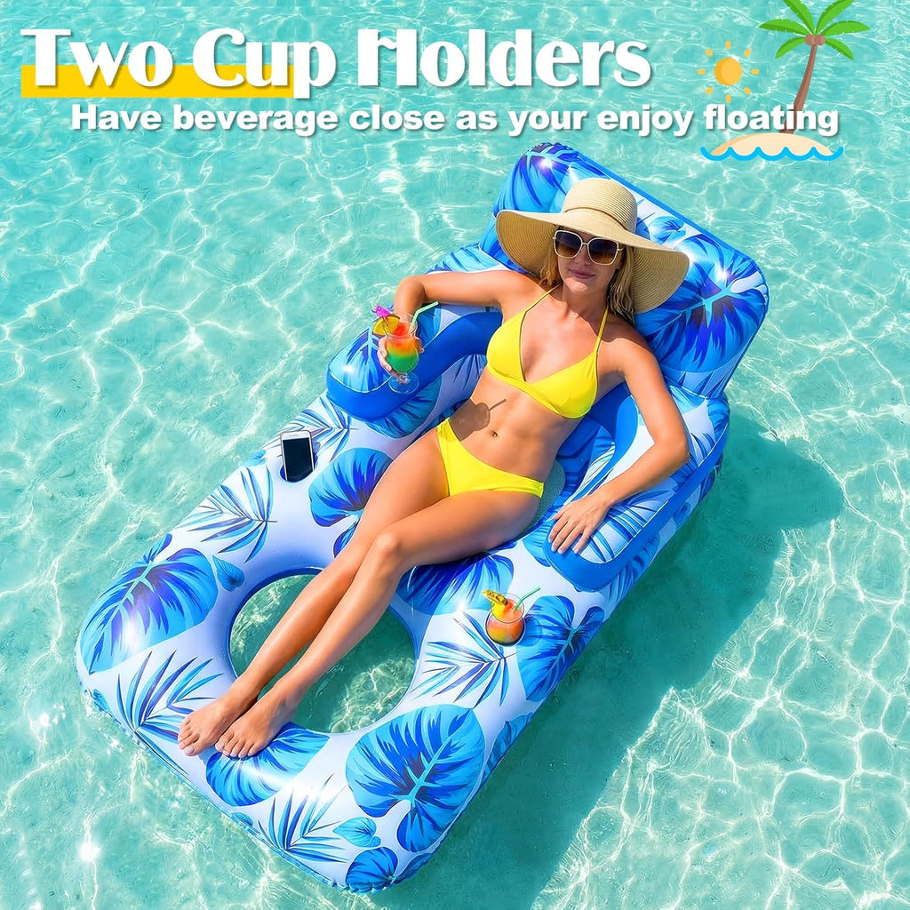 Pool Floats Adult, 65" Thicken PVC Inflatable Pool Chair Lounger Rafts with Cup & Phone Holder & Headrest Backrest