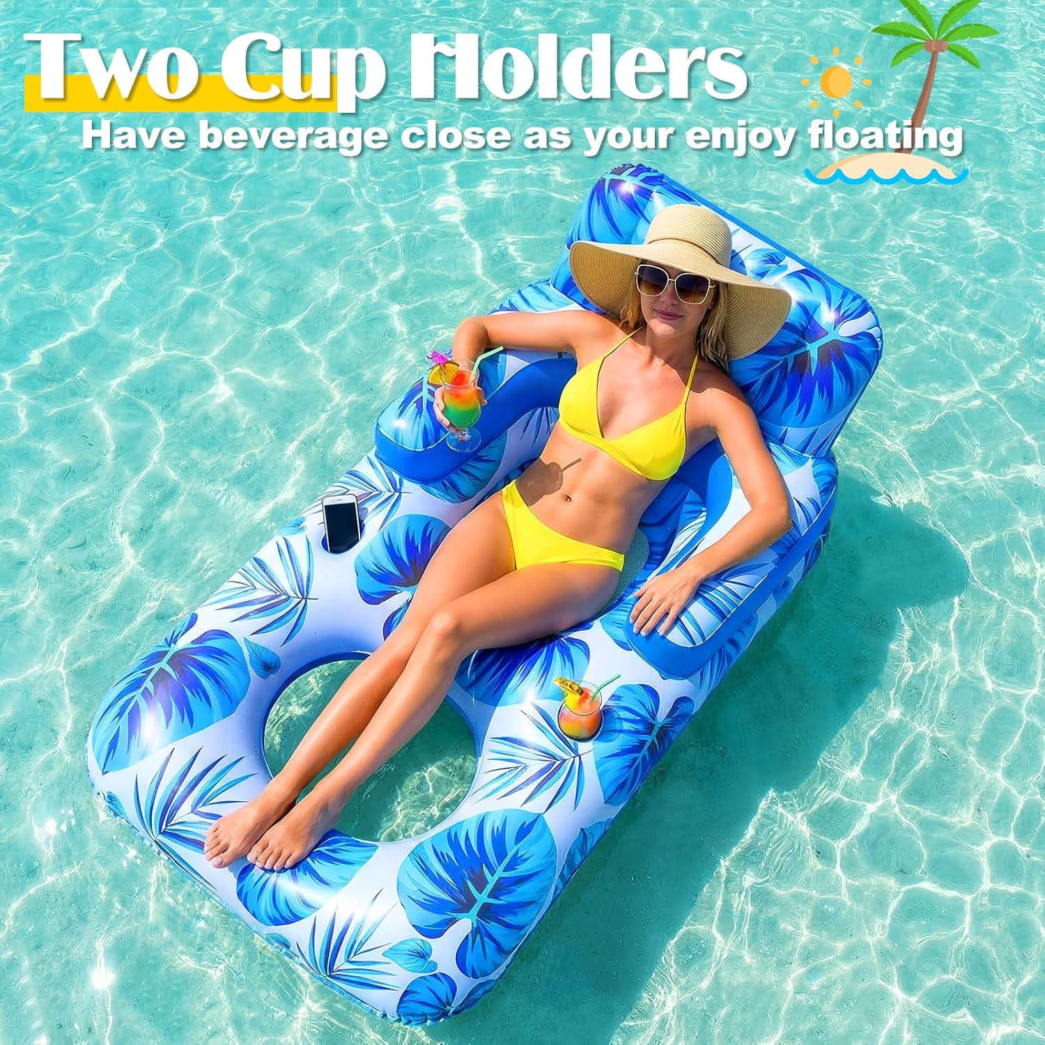 Pool Floats Adult, 65" Thicken PVC Inflatable Pool Chair Lounger Rafts with Cup & Phone Holder & Headrest Backrest