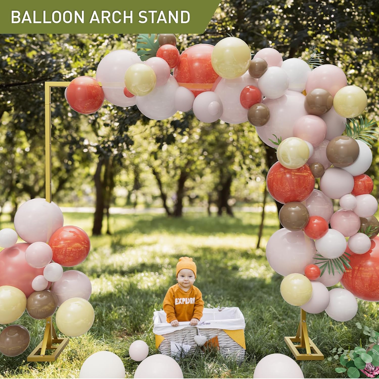 8.2FT Backdrop Stand, Square Wedding Arch & Balloon Stand, Gold