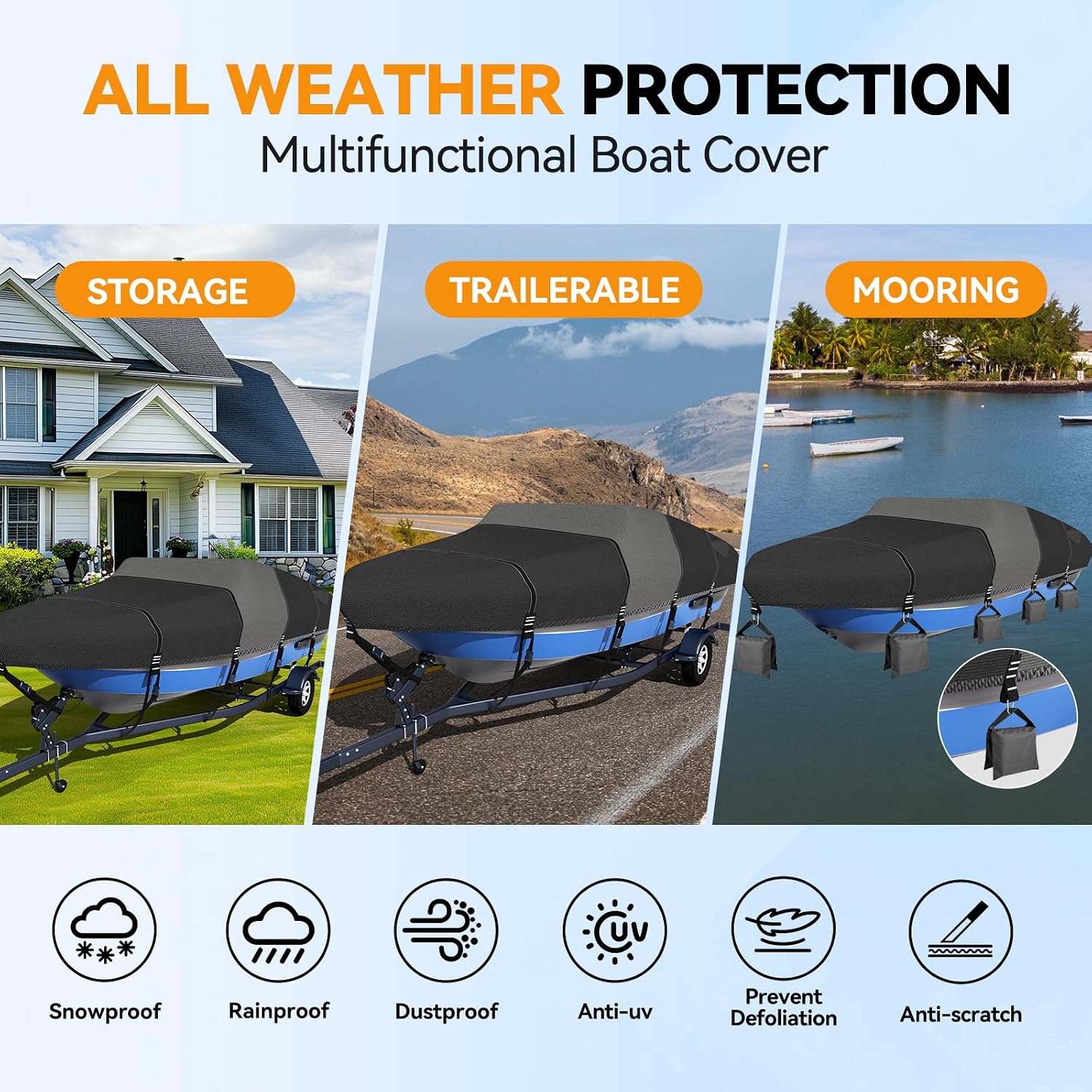 1600D+1200D V-Hull Boat Cover with 2" Wide Loops,16-18.5ft | Durable Waterproof Cover for Trailering & Mooring Fits