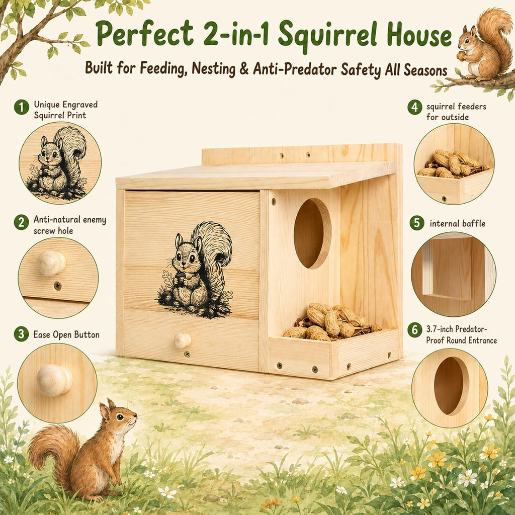 Large Squirrel House for Outside, Squirrel Nesting Box with Squirrel Feeder