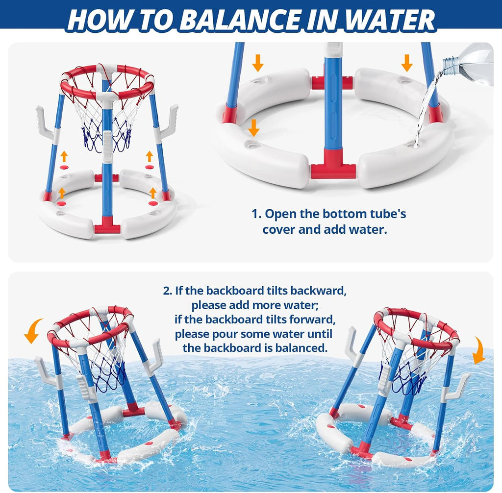 2 in 1 Pool Basketball Hoop with Ring Toss, Floating Pool Toys, Red | Anti-Tip Stable Base with 4 Balls/8 Rings/Pump