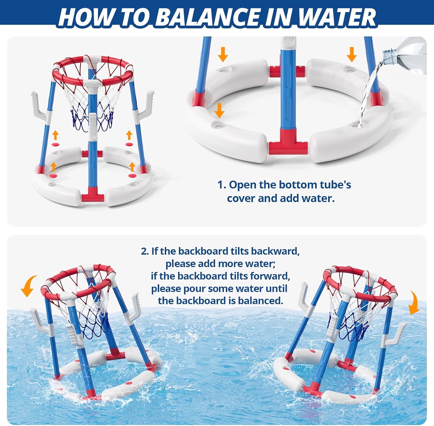 2 in 1 Pool Basketball Hoop with Ring Toss, Floating Pool Toys, Red | Anti-Tip Stable Base with 4 Balls/8 Rings/Pump
