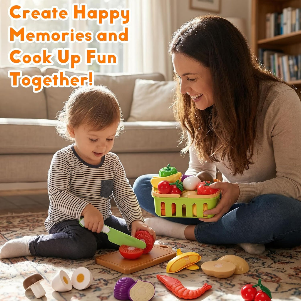 Cutting Play Food Toys, 25 Pieces Pretend Play Kitchen Accessories, Fake Fruits/Vegetables Set with Shopping Storage