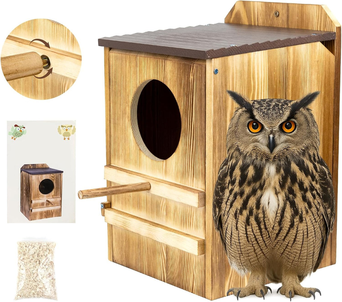 9'' x 14.5'' Owl House for Outdoor, Screech Owl House, Bird Box Large Handmade Wooden Circular Opening Screech Box