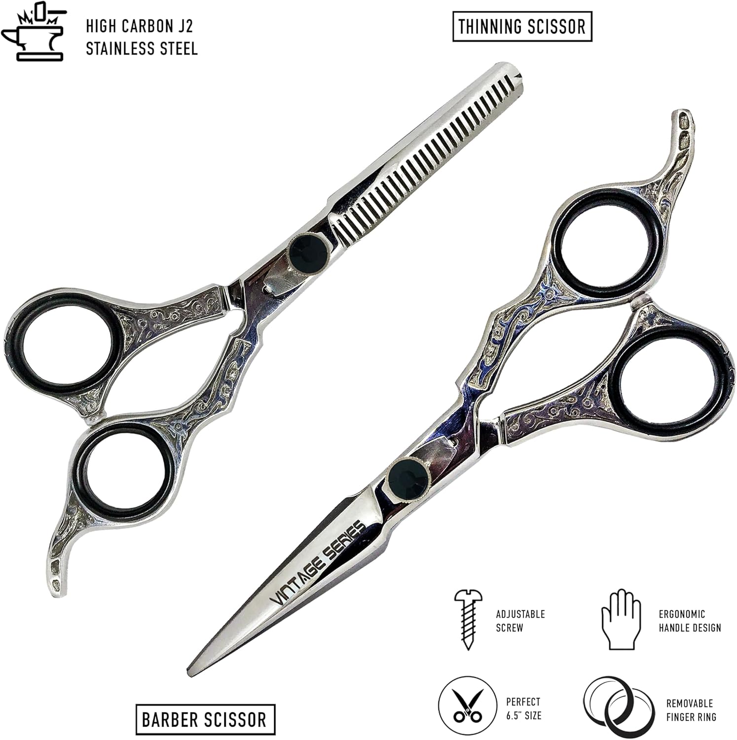 6.5" Professional Hair Cutting & Thinning Shears Set | J2 High Carbon Stainless Steel, Barber Shears for Hair