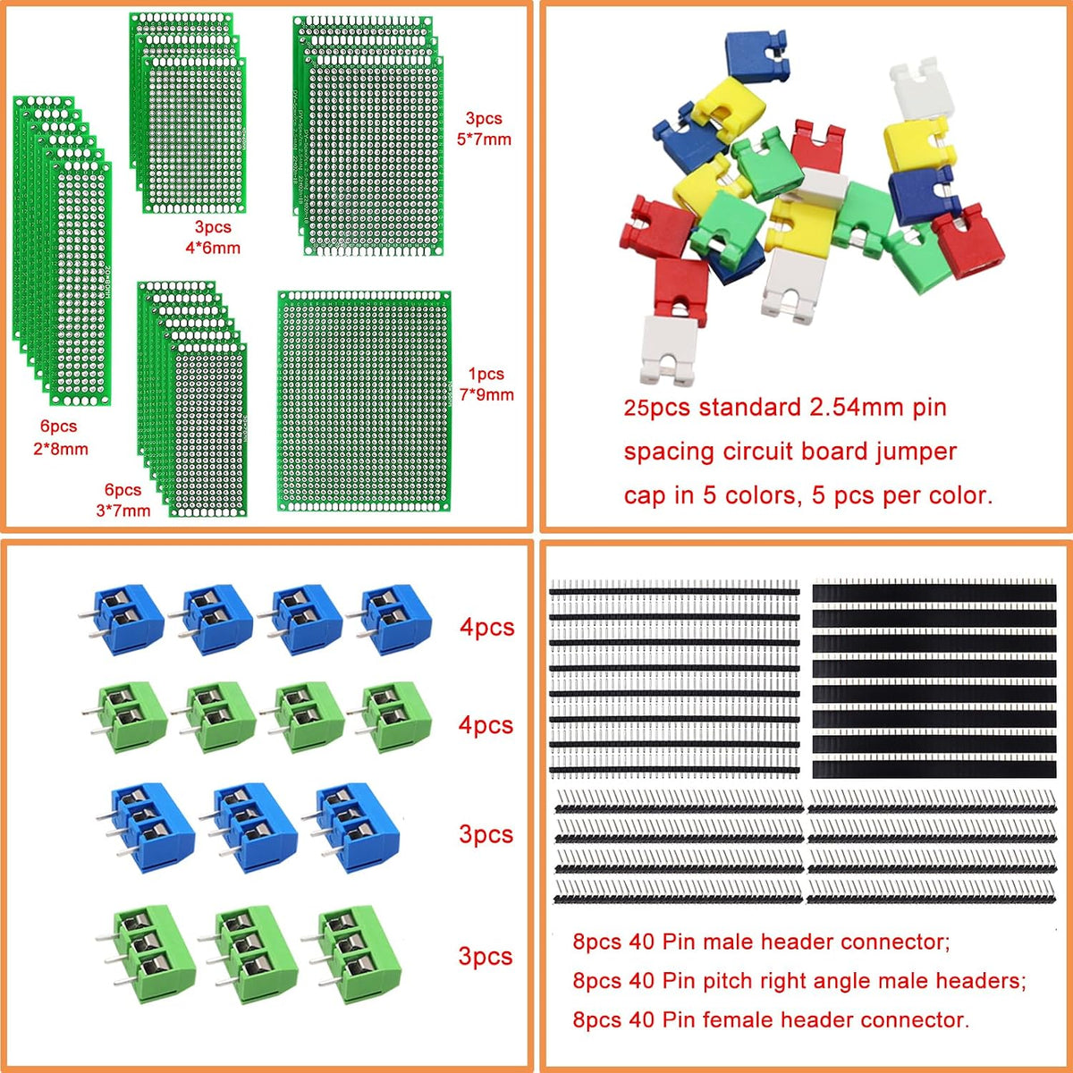 82 Piece Double Sided PCB Board Kit with 5 Sizes,40Pin 2.54mm Male & Female Header Connectors - Ideal for DIY Soldering,Electronic Projects, Arduino Kits,and Circuit Prototyping