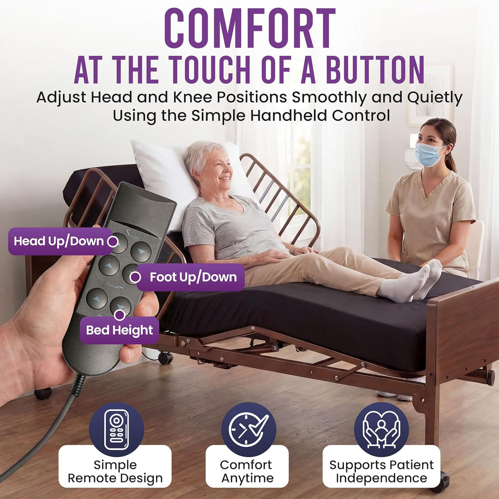 Electric Hospital Bed for Home Use - Includes Foam Mattress, Half Rails - Adjustabe Medical Bed Set