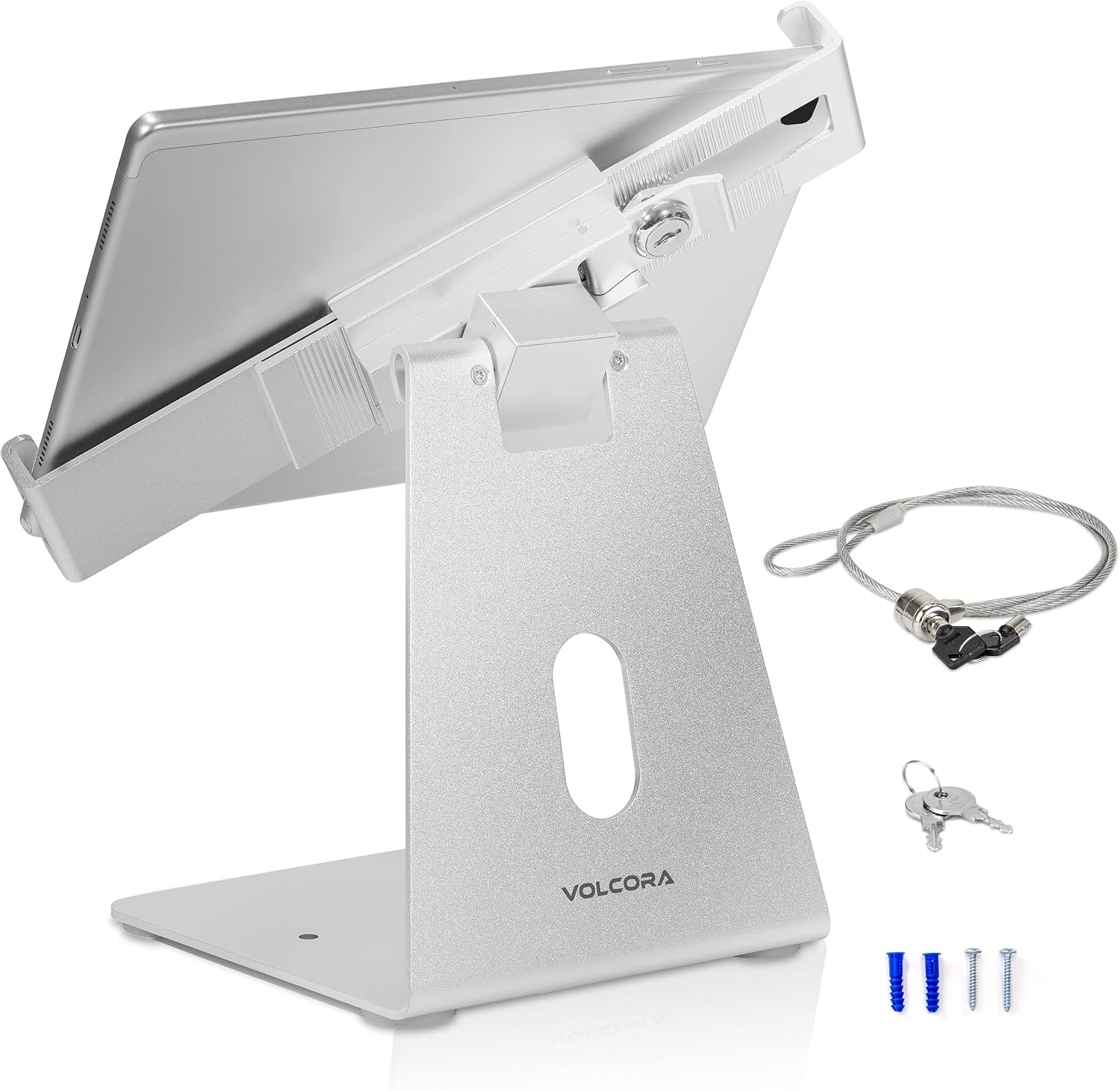Anti-Theft Tablet Stand iPad Kiosk Stand with Lock, Silver 10-13'' iPad Stand for Desk, Swivel, Adjustable iPad