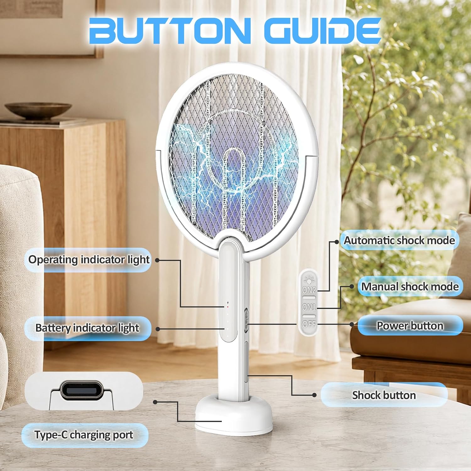 Rotating Head Electric Fly Swatter Racket with Telescoping Handle, 4000 V | Folding Head, Charging Base, USB Charging
