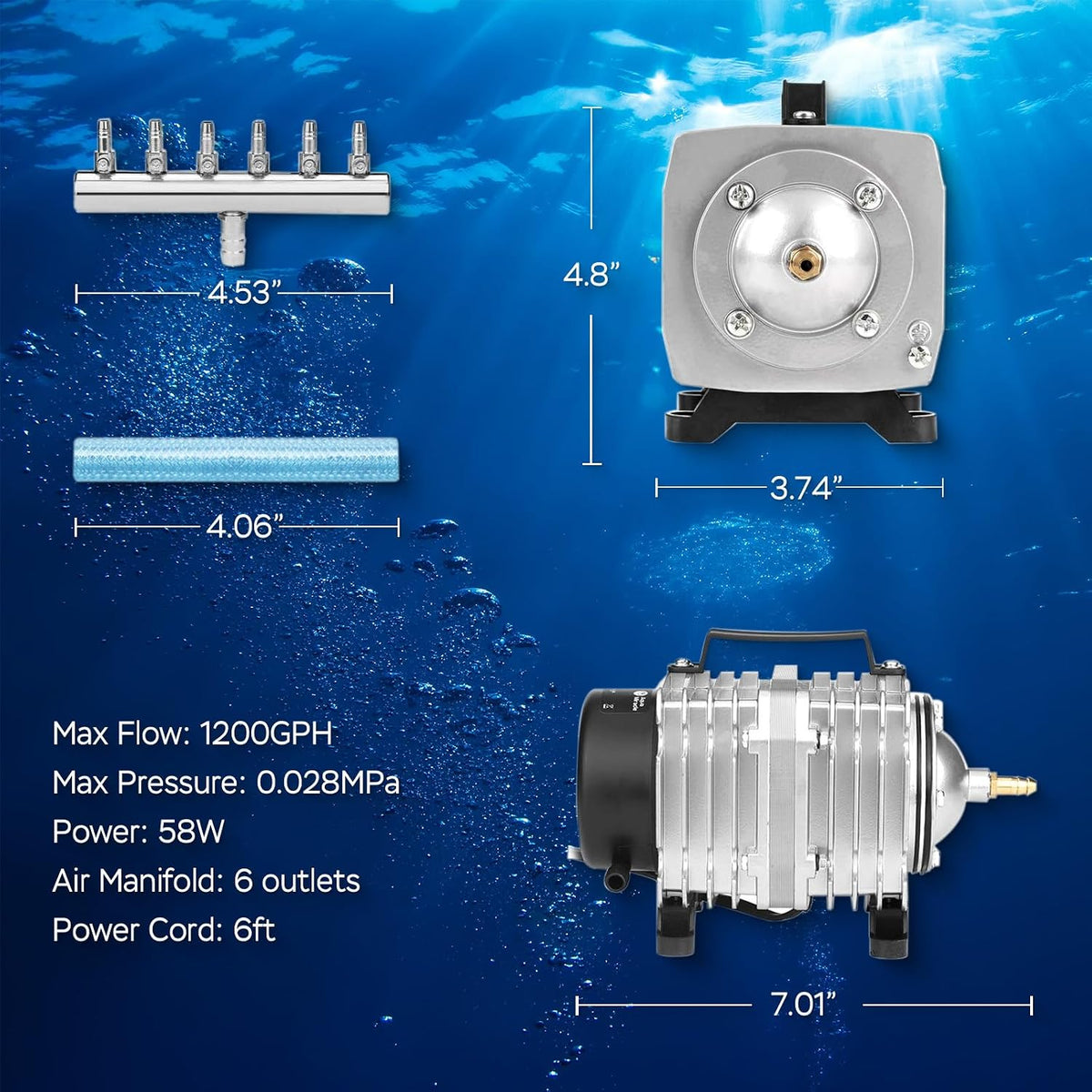 Aquarium Air Pump Commercial Air Pump with Aluminum Housing, 600/1000/1200/1750GPH Fish Tank Bubbler Pond Aerator for