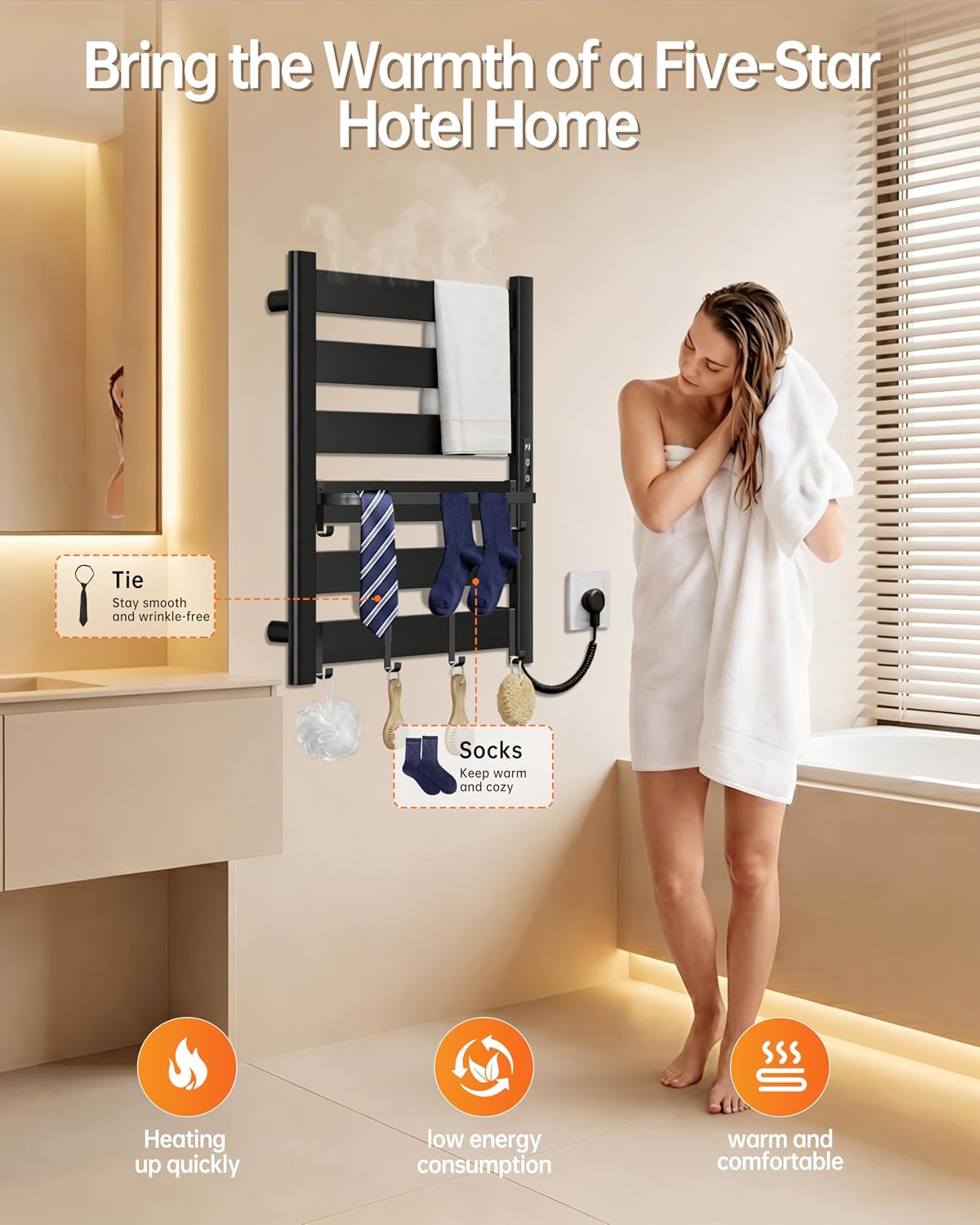 Wall Mounted Heated Towel Rack, 6-Bar Towel Warmer for Bathroom | PTC Fast Heating Up to 170°F in 6 Minutes