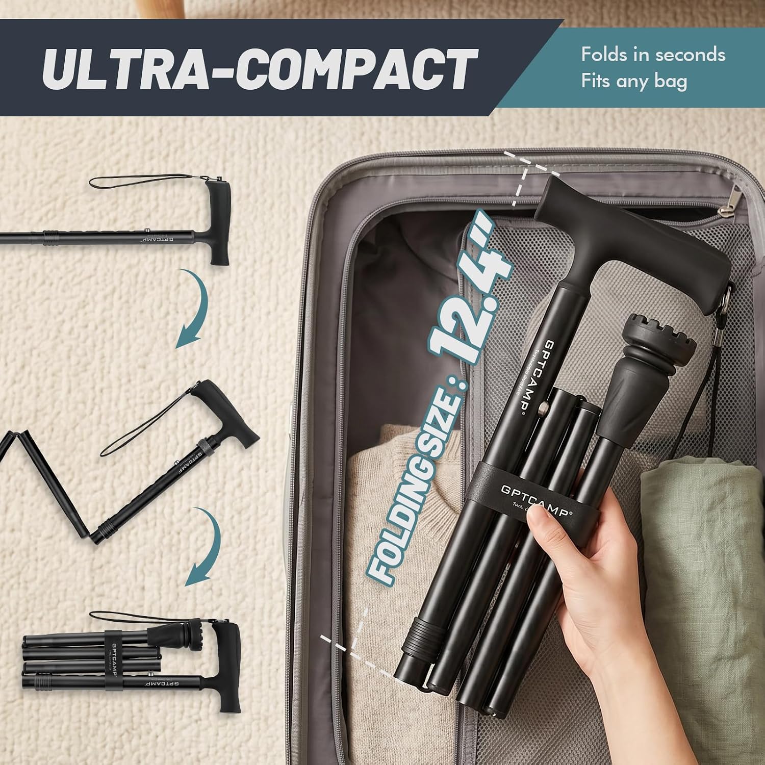 G2 Walking Stick, Fold-up Walking Cane for Women and Men with Wrist Strap, Portable, Foldable, Collapsible