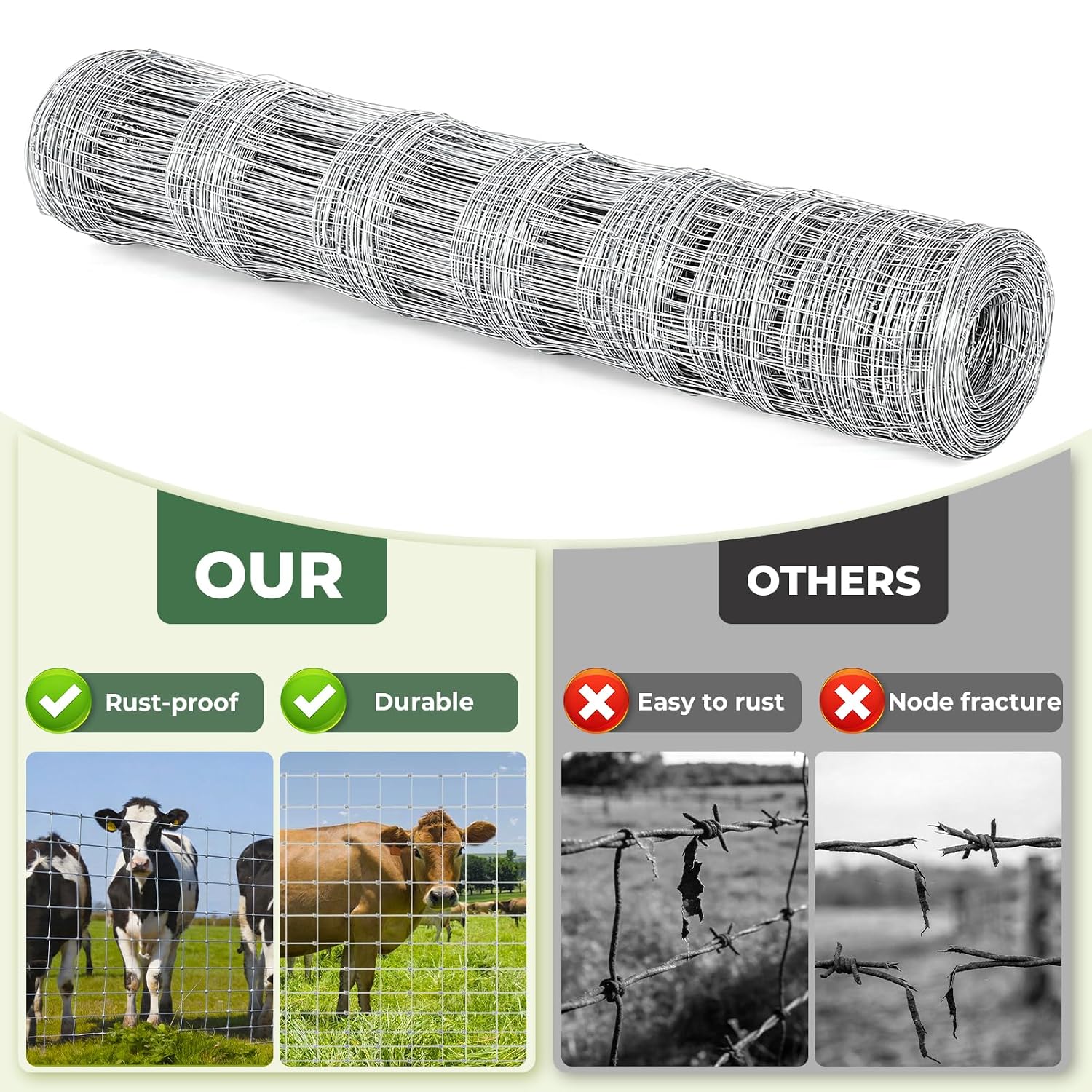 Cattle Fence, Farm Fence 4ft x 164ft - 14 Gauge Galvanized Wire Fence & Chain Link Fence for Hog, Goat, Sheep & Deer;