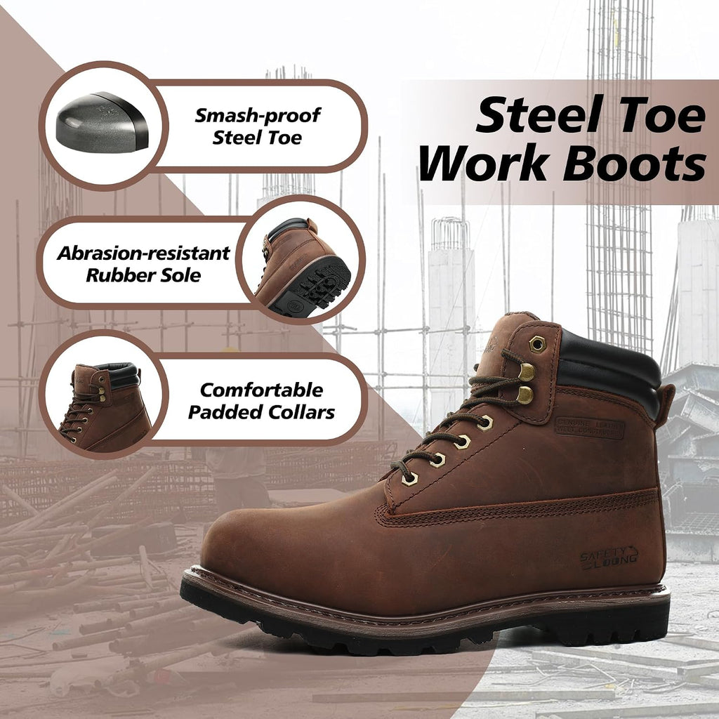 Steel Toe Work Boots for Men, 6-Inch Non Slip Comfortable Leather Waterproof Industrial Construction Safety Workboots