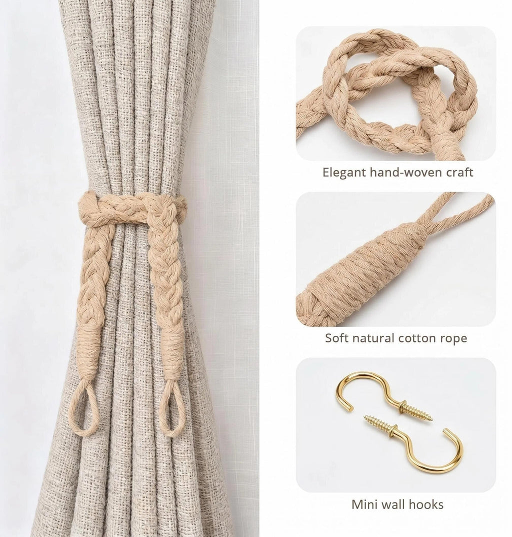 Hand-Braided Cotton Curtain Tiebacks with Wall Hooks, Boho Window Curtain Tie Back Holdback, 25 inch Extra Long Rope