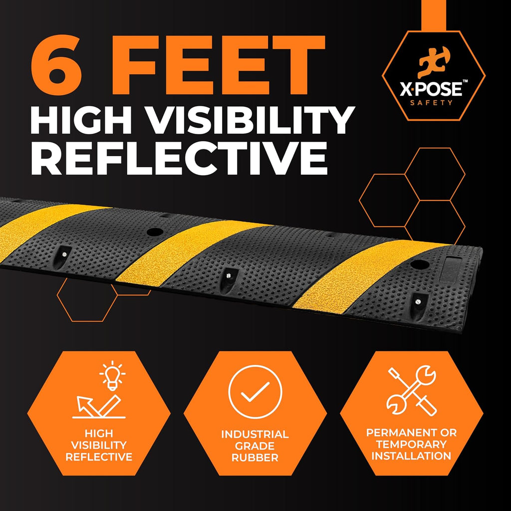 6 Ft Rubber Speed Bump, 1 Pack – Heavy Duty Modular Interlocking Traffic Hump with Reflective Strips, 22,000 lb