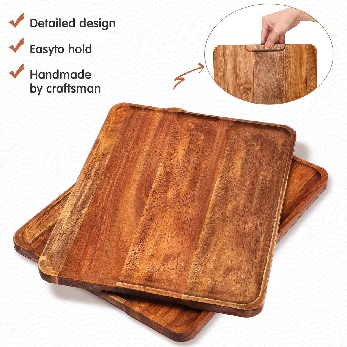 5 Pack Solid Acacia Wood Serving Trays for Food, 14 x 10 Inch