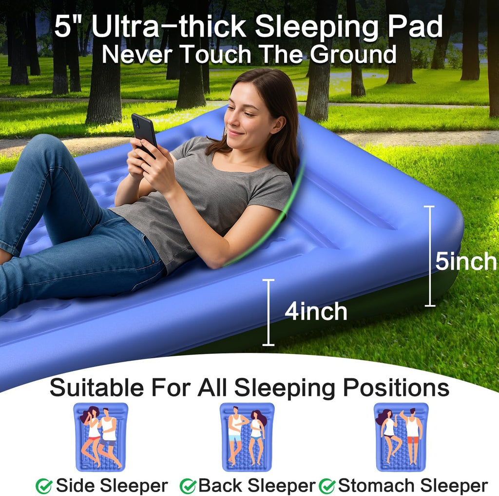 Double Sleeping Pad for Camping, Extra Thick 5 Inch Self-Inflating 2 Person Camping Mattress,with Built-In Foot Pump