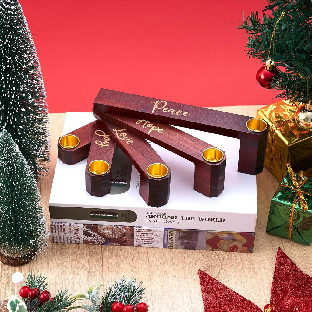 Christmas Advent Nativity Candle Holder, Walnut Christmas Advent Candlestick Holder with Religious Phrases, Wooden