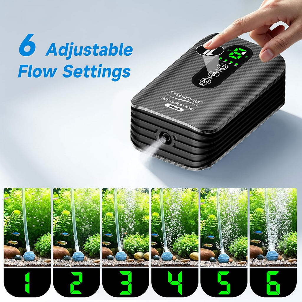 Large Capacity Rechargeable Aquarium Air Pump, Silent Dual Mode Portable Aerator with Universal Clip for Fish Tanks