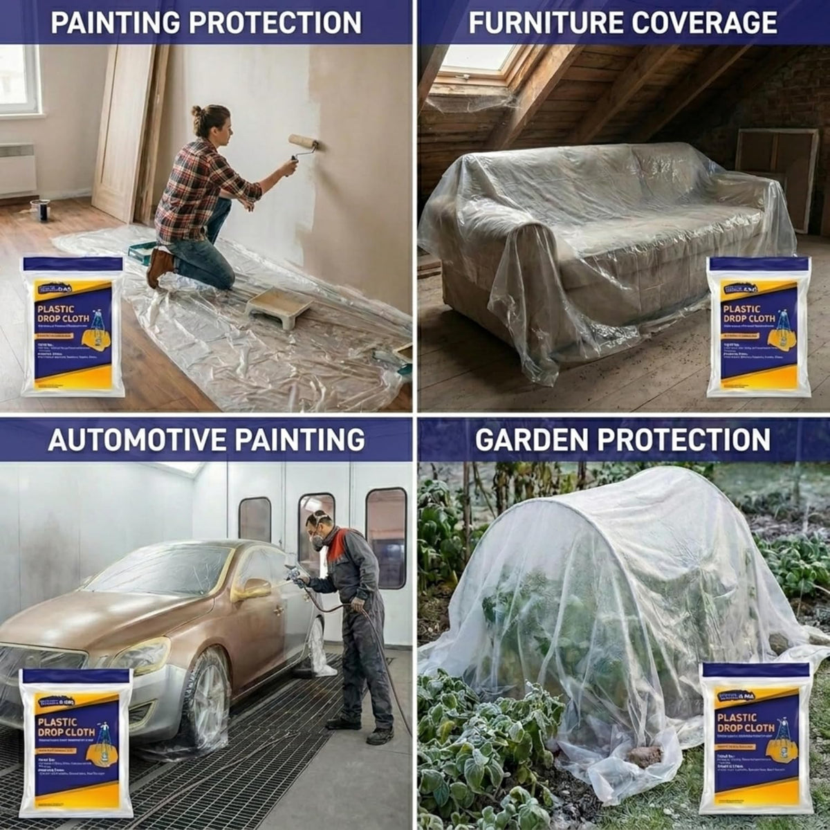 Drop Cloth Painters Plastic Sheeting - Plastic Drop Cloths for Painting, 9 x 12 Feet Paint Drop Cloth Tarp, Clear