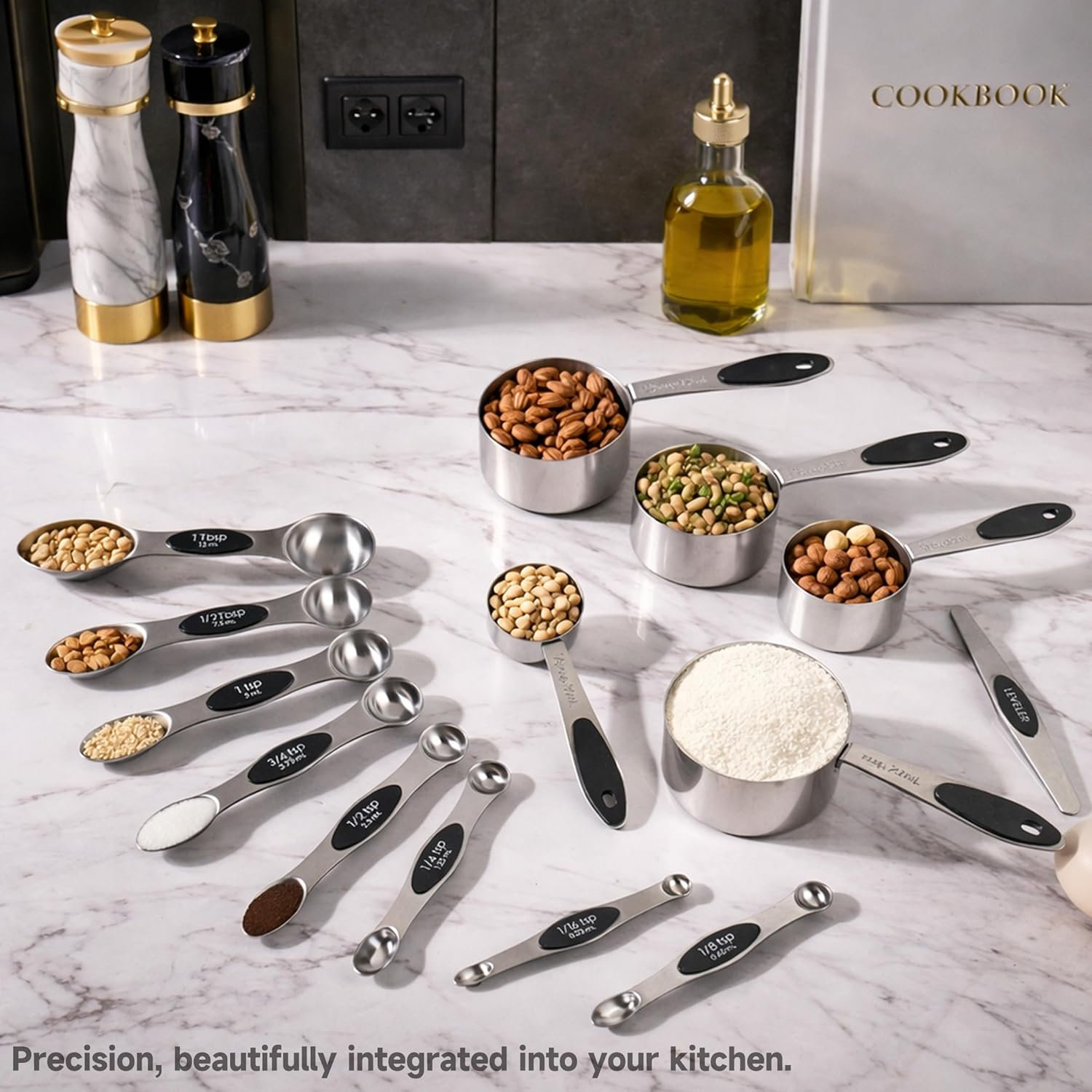 Magnetic Measuring Cups and Spoons Set, Strong N45 Magnets, 304 Stainless Steel, Double-Sided Measuring Spoons