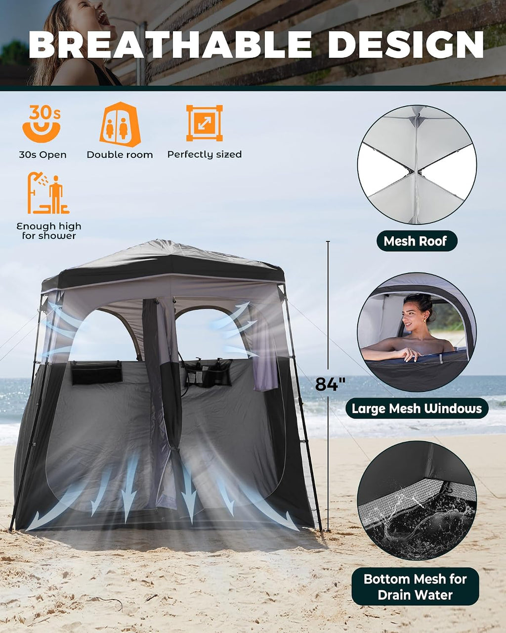 Instant Shower Tent, Portable Superior Stable Privacy Shelter, 2 Large Rooms Outdoor Toilet Tent with Floor for