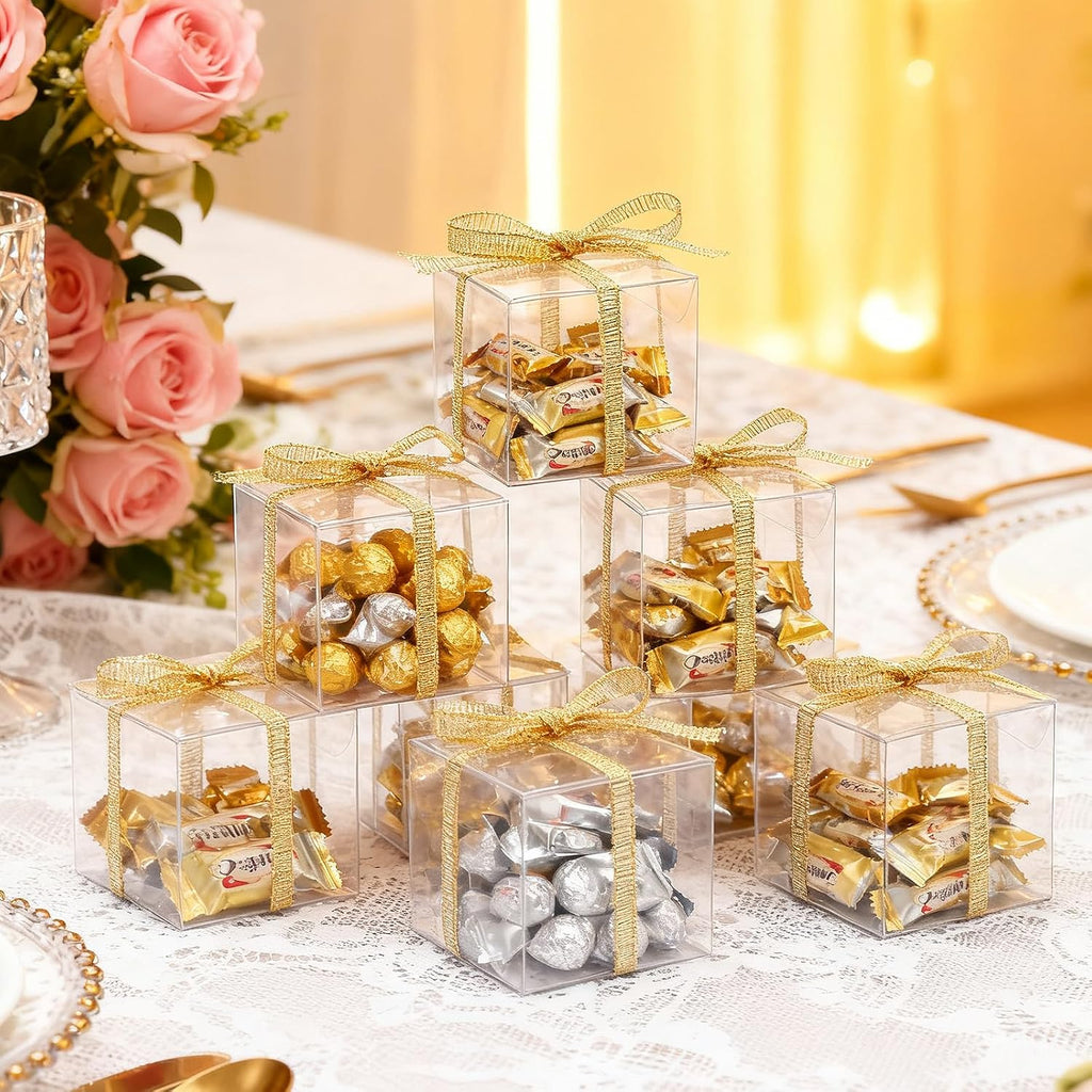 60 Pack Clear Favor Boxes, 2x2x2 Inch Candy Boxes with Ribbons, Small Candy Containers Plastic Gift Box for Macaron