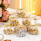 60 Pack Clear Favor Boxes, 2x2x2 Inch Candy Boxes with Ribbons, Small Candy Containers Plastic Gift Box for Macaron