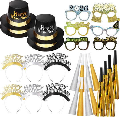 36 Pcs 2026 New Year Eve Party Supplies Kit, New Year Eve Party Decorations 4 Colored Hats 6 Eyeglasses 6 Top Tiaras