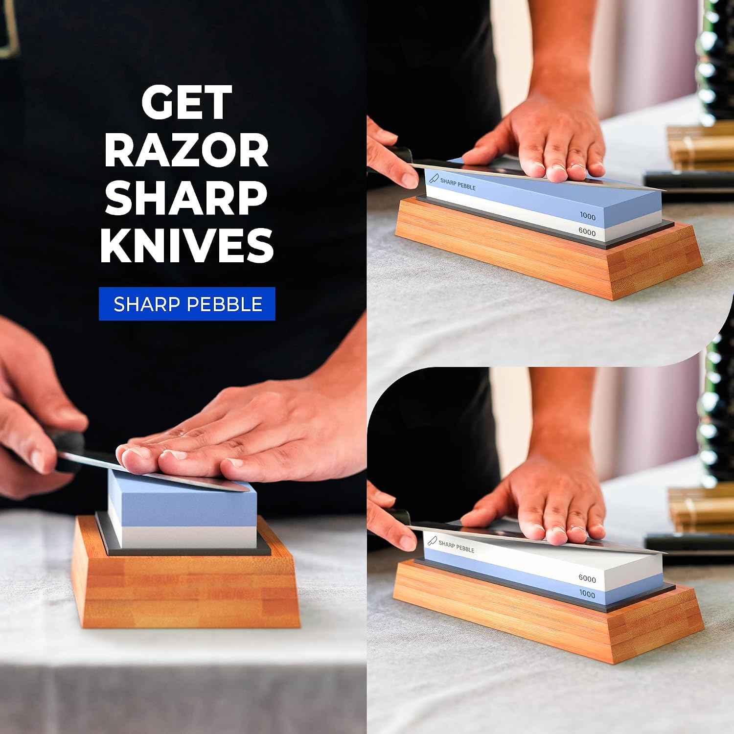 Whetstone Knife Sharpener – 1000/6000 Grit Sharpening Stone | Angle Guide for Foolproof Results – Wet Stone Sharpener