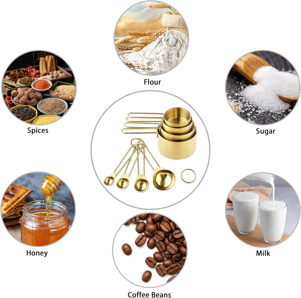 Measuring Cups and Spoons Set, Kaloo 8PCS Stainess Steel Metal Measuring Cups, Gold Finish, Ideal for Cooking and Baking