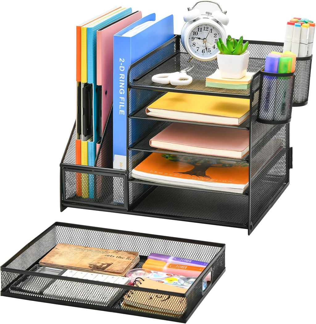 Desk Organizer with File Holder, 5-Tier Paper Letter Tray Organizer with Drawer and 2 Pen Holder, Mesh Desktop