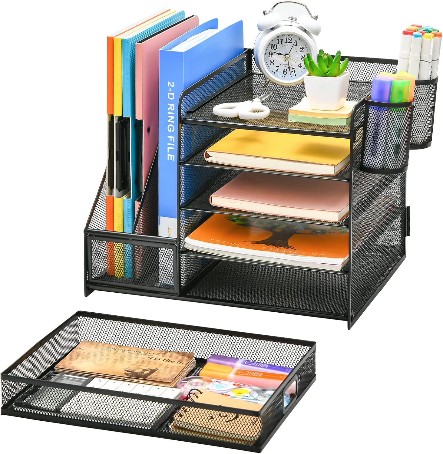 Desk Organizer with File Holder, 5-Tier Paper Letter Tray Organizer with Drawer and 2 Pen Holder, Mesh Desktop