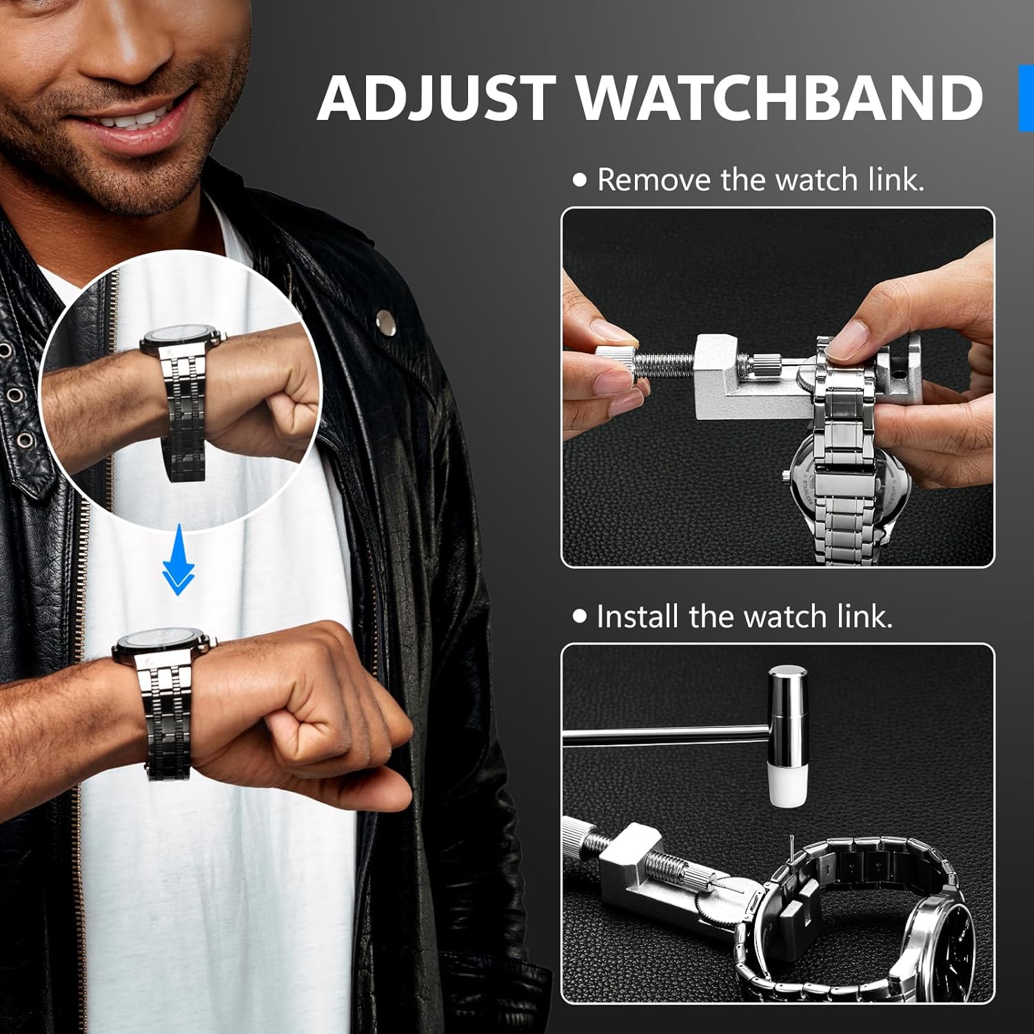 Watch Repair Kit + Watch Press Tool, Battery Replacement, Strap Adjustment, Wrench Opening Back Cover, Case
