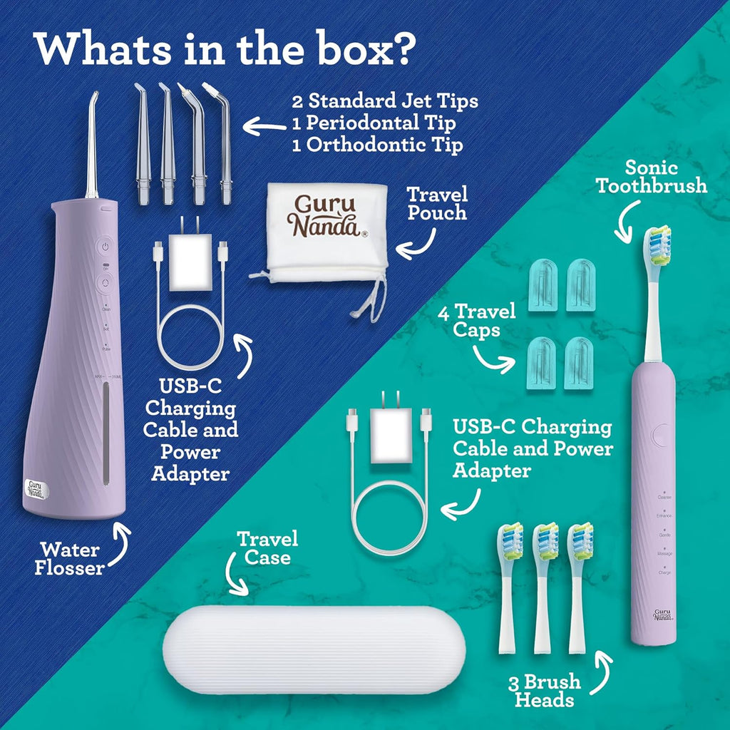 Lion & Lamb Kit 2.0, Electric Toothbrush with Water Flosser Combo, 4 Jet Tips, 4 Brush Heads, & IPX7 Waterproof