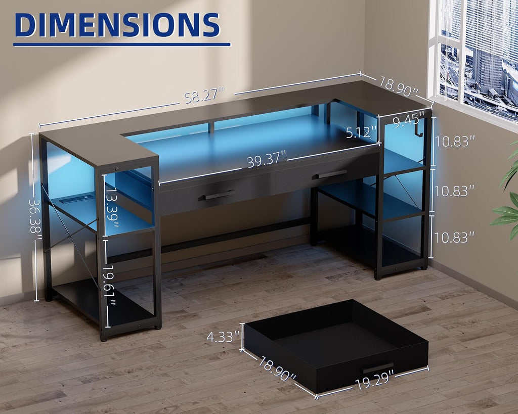 58 Inch Computer Desk with Monitor Stand and Shelves Gaming Desk with LED Lights & Power Outlets PC Vanity Table with