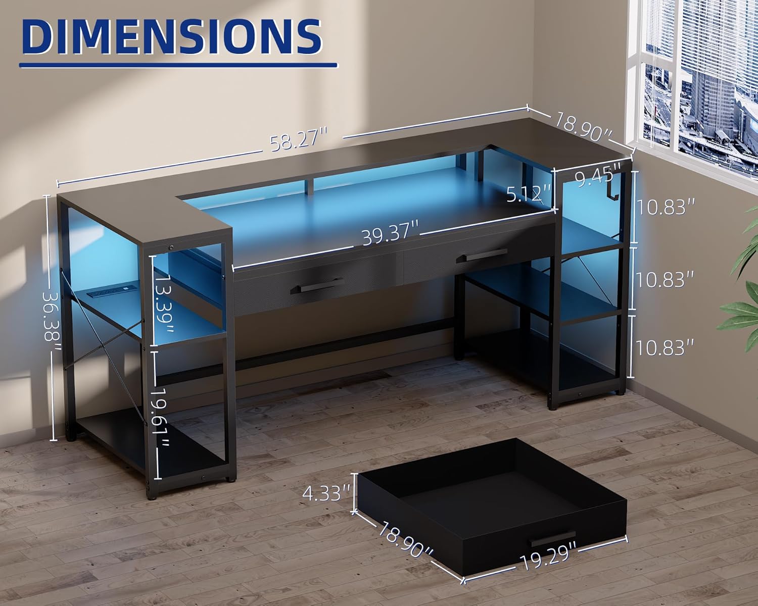 58 Inch Computer Desk with Monitor Stand and Shelves Gaming Desk with LED Lights & Power Outlets PC Vanity Table with