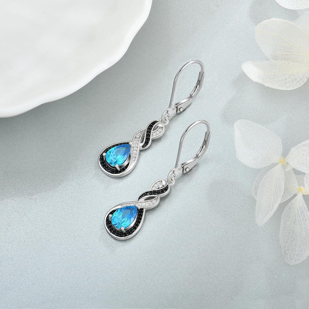Two Tone Black& White Infinity Pendant Necklace Earrings Women Jewelry Set with Created Aquamarine