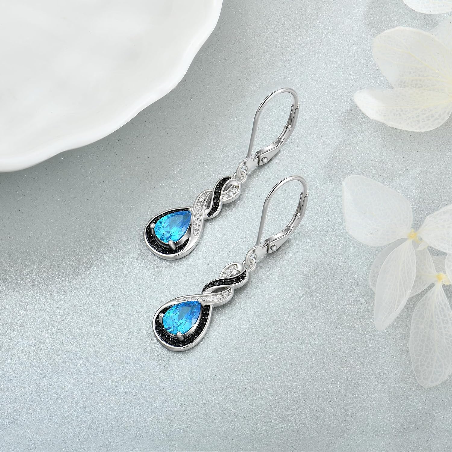 Two Tone Black& White Infinity Pendant Necklace Earrings Women Jewelry Set with Created Aquamarine