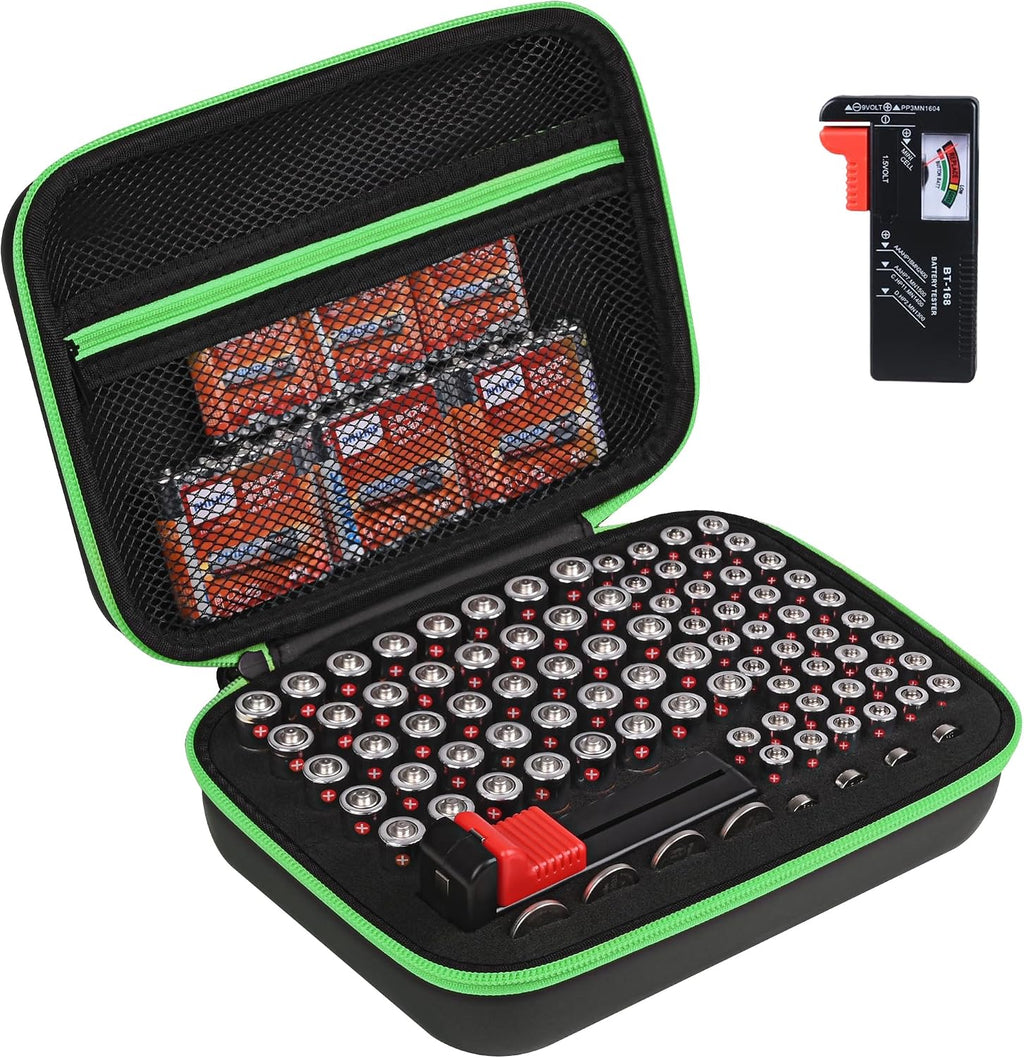 Battery Organizer Storage Case with Tester,88 Slot for AAA AA Button Cells | Mesh Pocket, Carrying Handle, Fireproof
