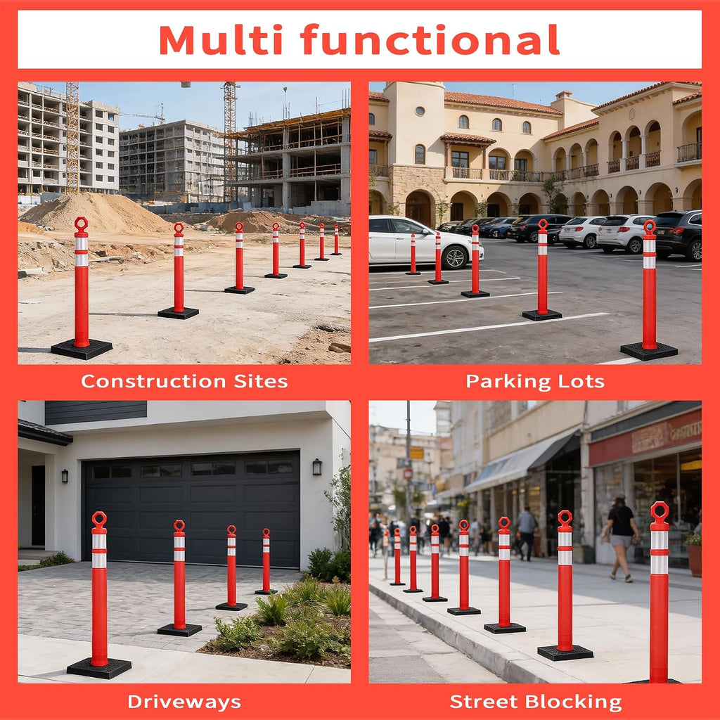 42" Heavy-Duty Traffic Delineator Posts (3 Pack) – Tall Safety Cones with 360° Reflective Collars & Weighted Base for