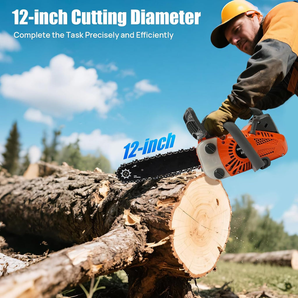 25.4cc Gas Chainsaw 12 Inch Gas Powered Chainsaw 2-Stroke Top Petrol Handheld Cordless Chain Saw for Trees Wood Cutting