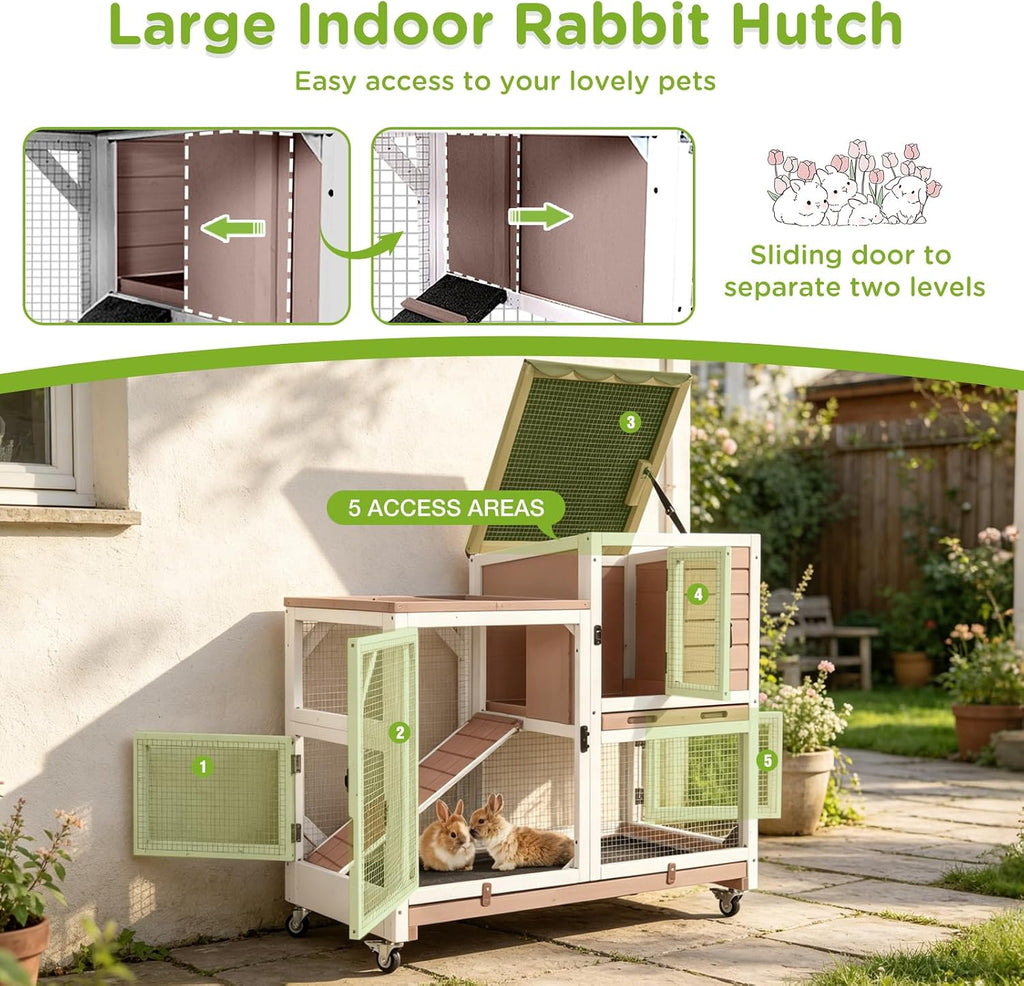 2-Story Rabbit Hutch with Chew-Proof Ramp & Leak-Proof Trays - Indoor/Outdoor 39.3" Wooden Rabbit Cage with Wheels