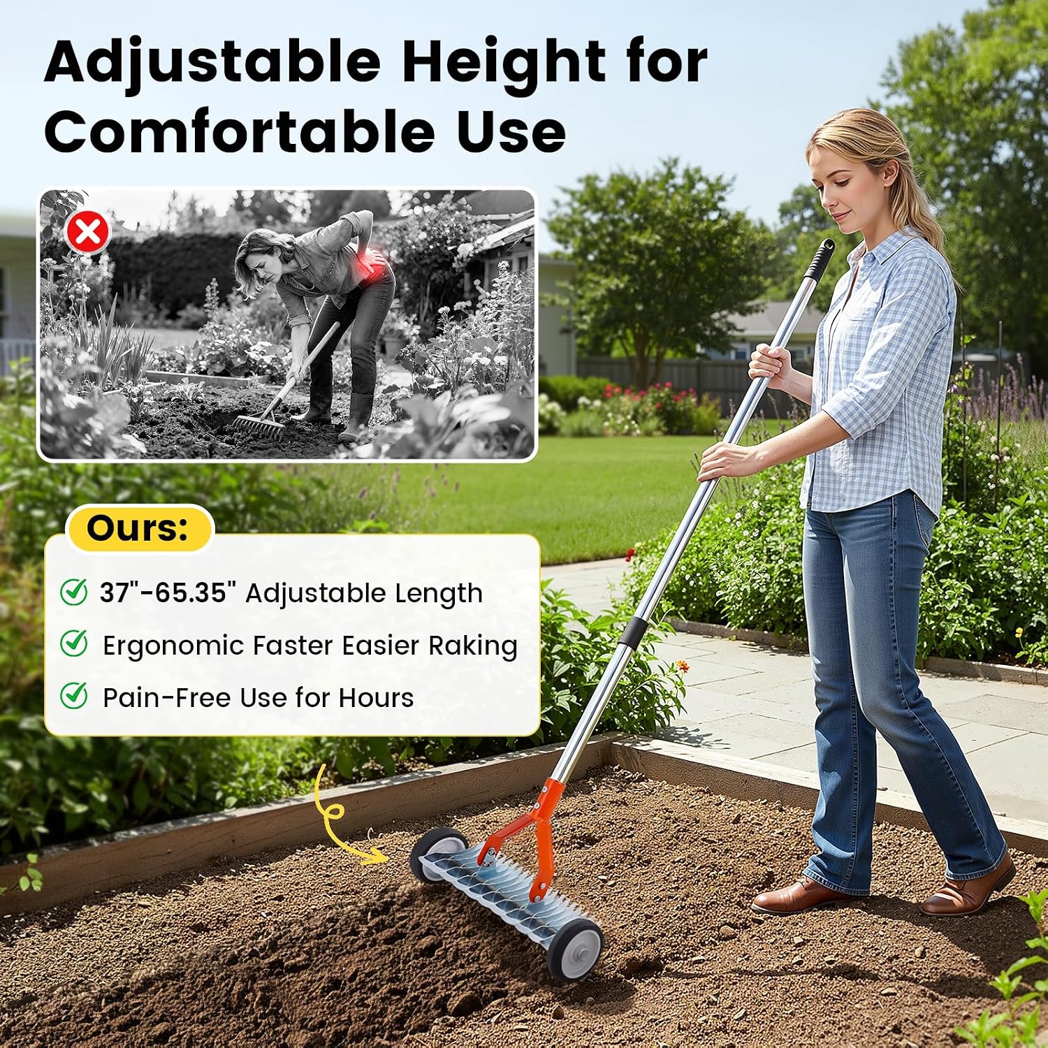 Thatch Rake with Wheels, 37-65.35'' Adjustable Dethatching Roller Rake Adjustable 0-12° Angle Stainless Steel Blades