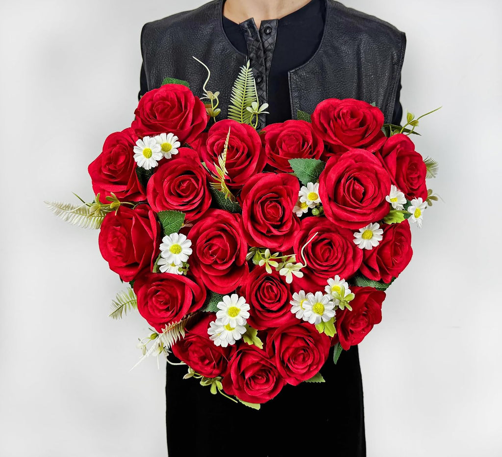 Artificial Cemetery Flowers, Grave Memorial Flowers with Ground Spike,Heart Shaped Wreaths Rose Daisy for Gravesites